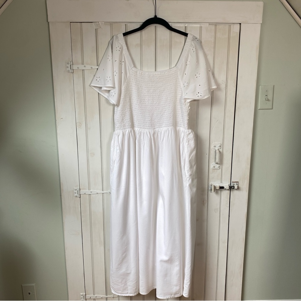 Beachlunchlounge White Smocked Eyelet Sleeve Midi Dress Large - Picture 4 of 11